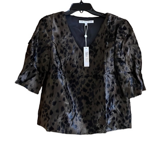 Trina Turk Coquette Faux Fur Animal Print Top Elbow Sleeve Brown Black Small NWT